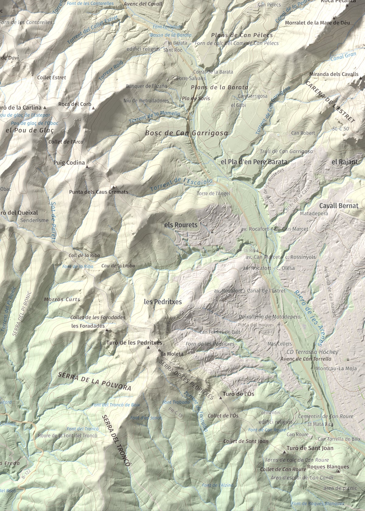Mapa de relieve de Castellsapera, 939 m, Vallès Occidental, lámina 100 Cims de Trobart. Detalle de la zona inferior derecha. 50 × 70 cm.