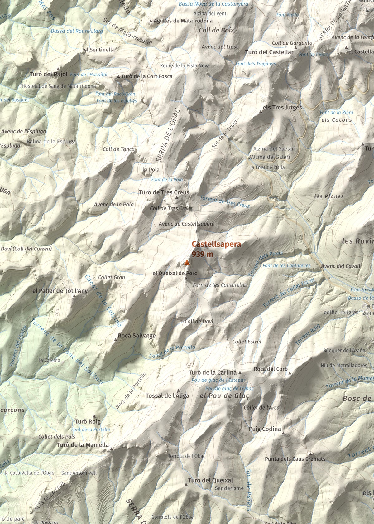 Mapa de relieve de Castellsapera, 939 m, Vallès Occidental, lámina 100 Cims de Trobart. Detalle de la zona central. 50 × 70 cm.