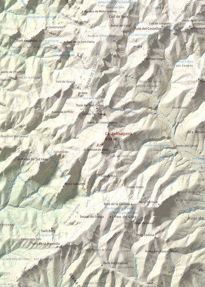 Mapa de relieve de Castellsapera, 939 m, Vallès Occidental, lámina 100 Cims de Trobart. Detalle de la zona central. 50 × 70 cm.