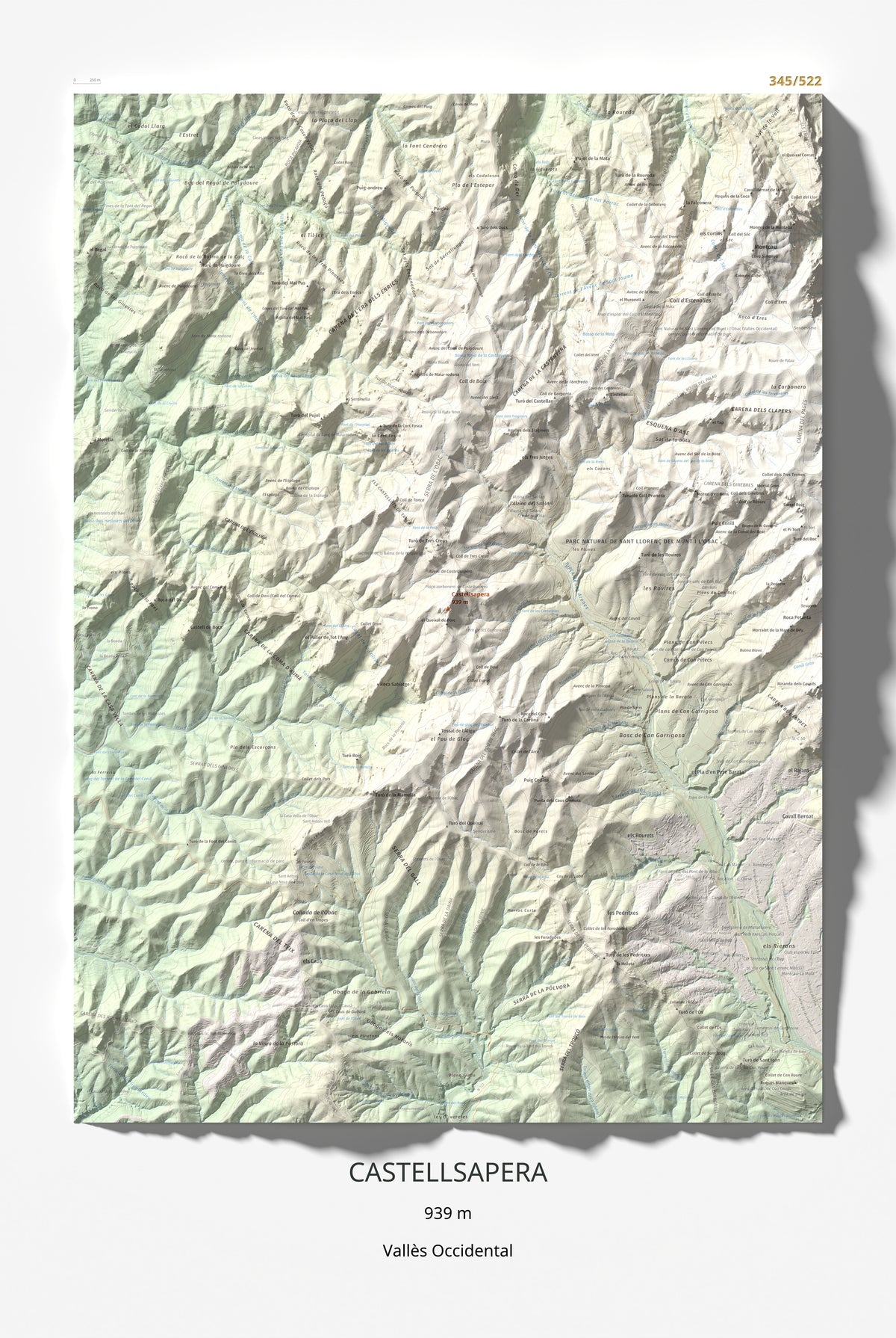 Mapa de relieve de Castellsapera, 939 m, Vallès Occidental, lámina 100 Cims de Trobart 61 × 91 cm.