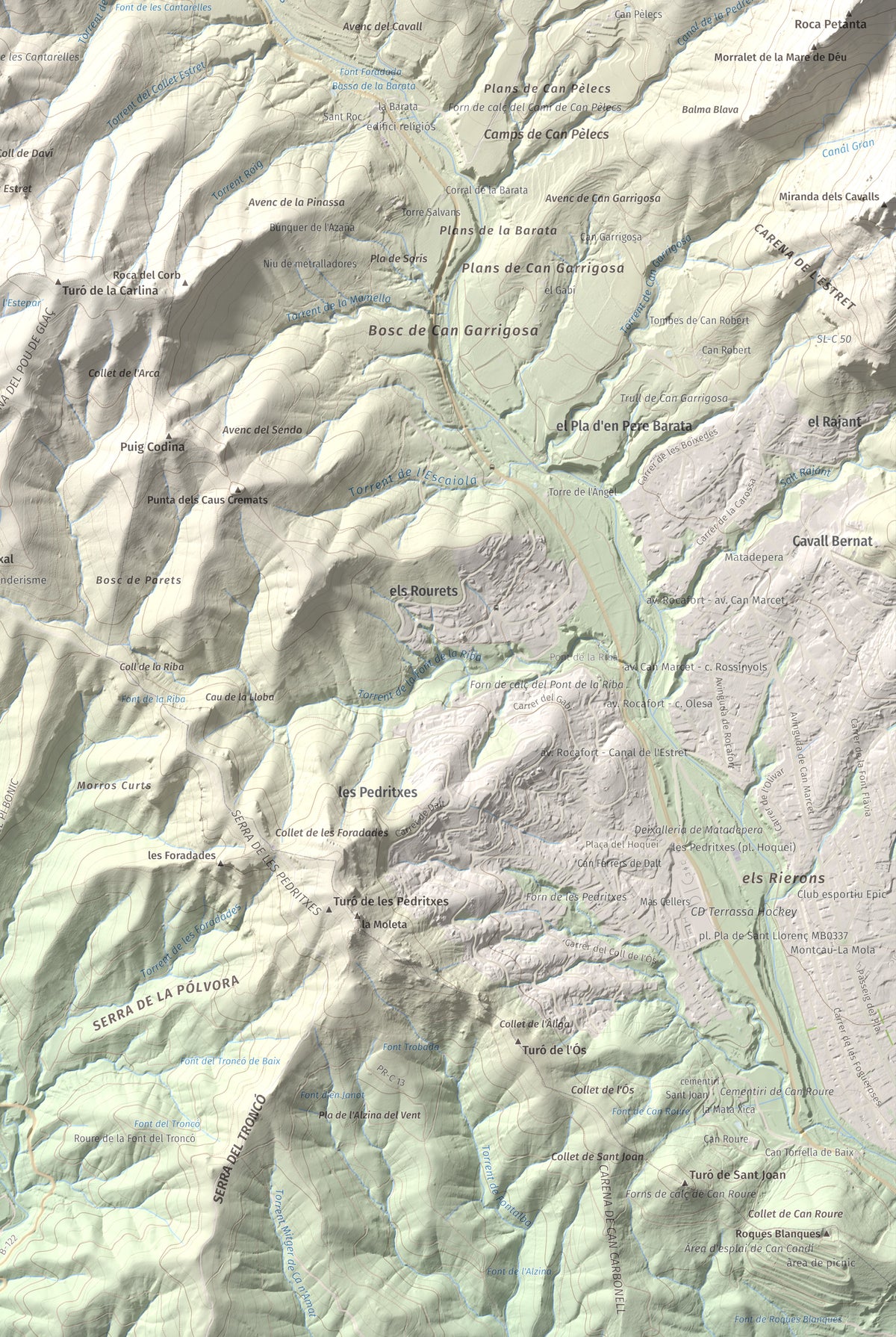 Mapa de relieve de Castellsapera, 939 m, Vallès Occidental, lámina 100 Cims de Trobart. Detalle de la zona inferior derecha. 61 × 91 cm.