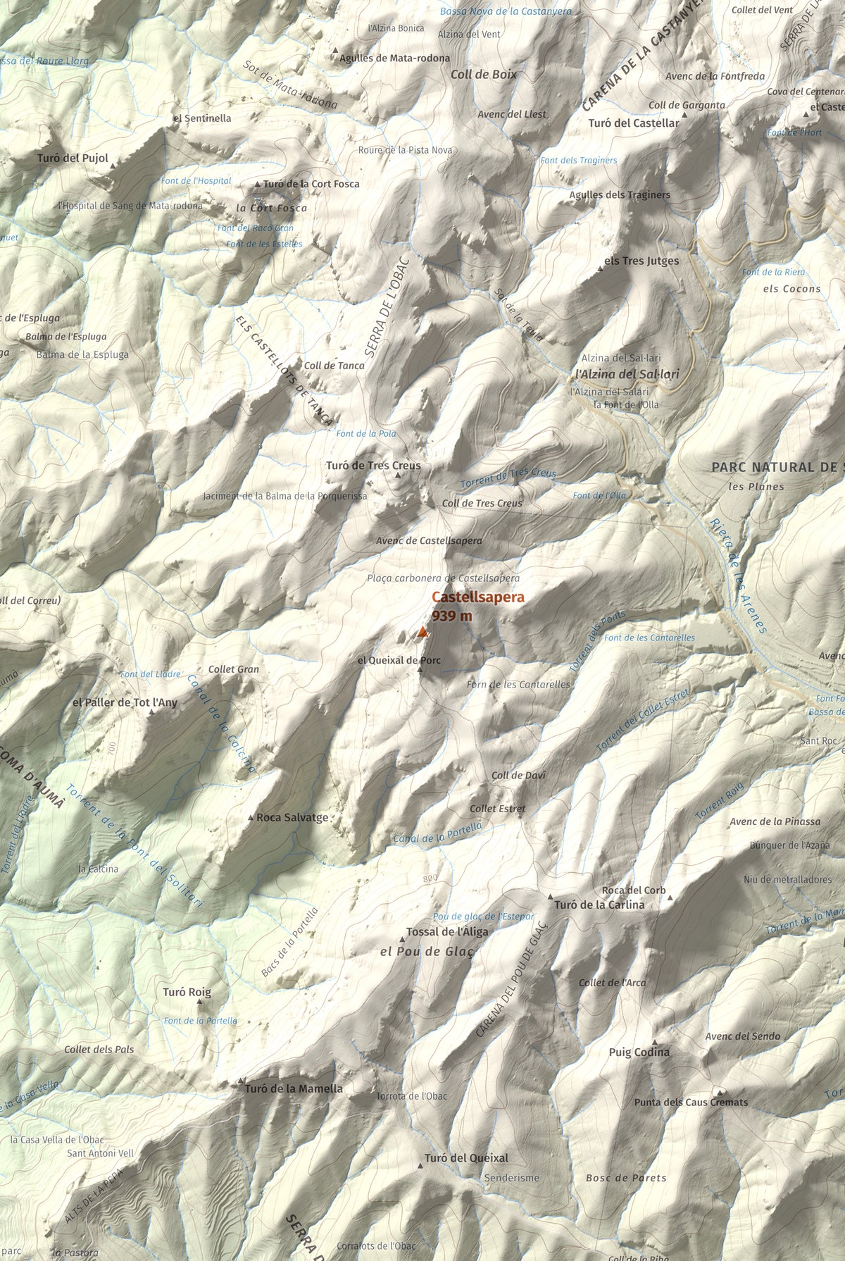 Mapa de relieve de Castellsapera, 939 m, Vallès Occidental, lámina 100 Cims de Trobart. Detalle de la zona central. 61 × 91 cm.
