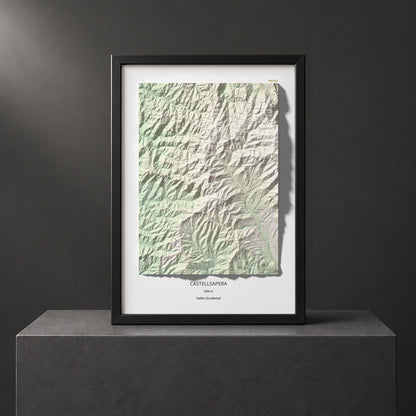 Mapa de relieve de Castellsapera, 939 m, Vallès Occidental, lámina 100 Cims de Trobart. Presentación enmarcada. 70 × 100 cm.
