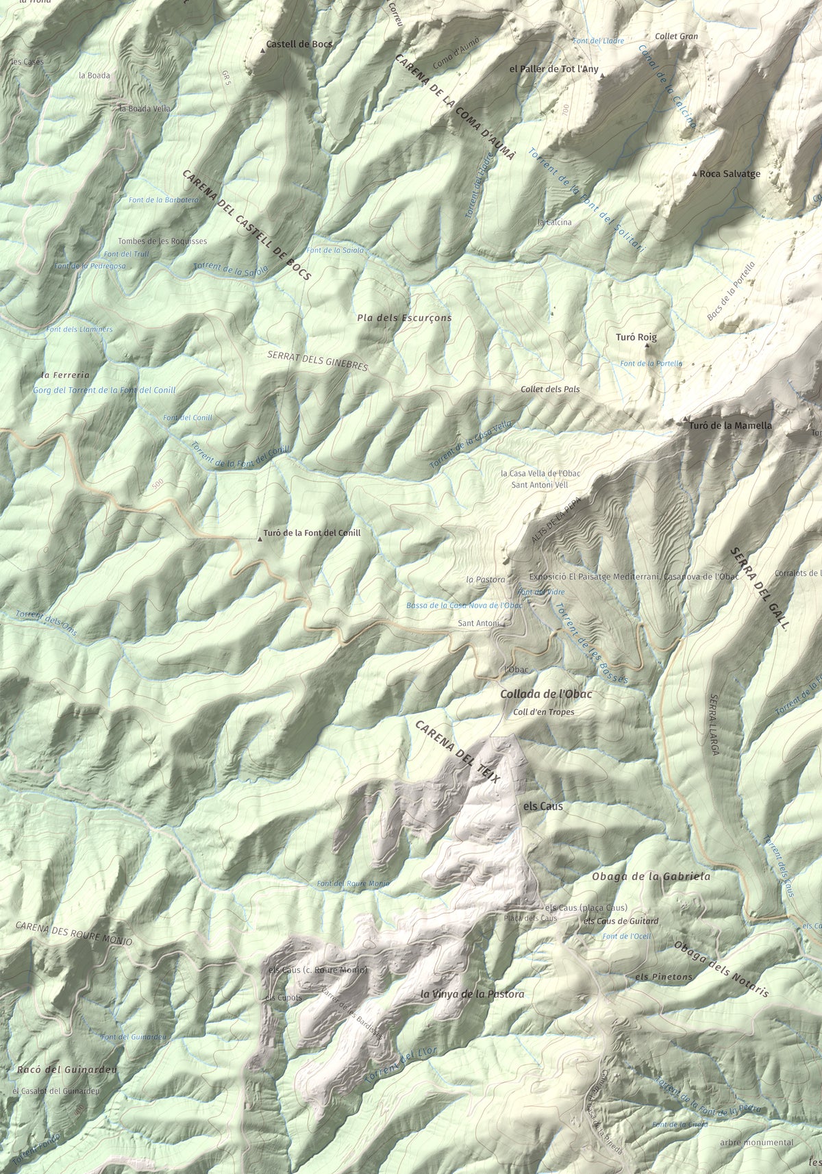 Mapa de relieve de Castellsapera, 939 m, Vallès Occidental, lámina 100 Cims de Trobart. Detalle de la zona inferior izquierda. 70 × 100 cm.