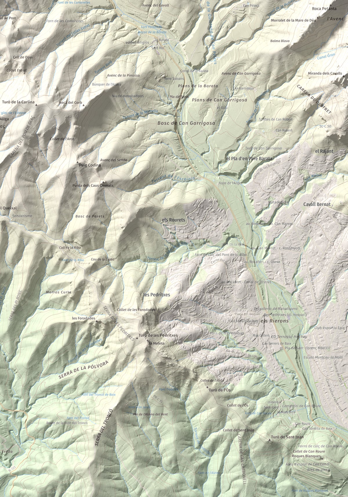 Mapa de relieve de Castellsapera, 939 m, Vallès Occidental, lámina 100 Cims de Trobart. Detalle de la zona inferior derecha. 70 × 100 cm.