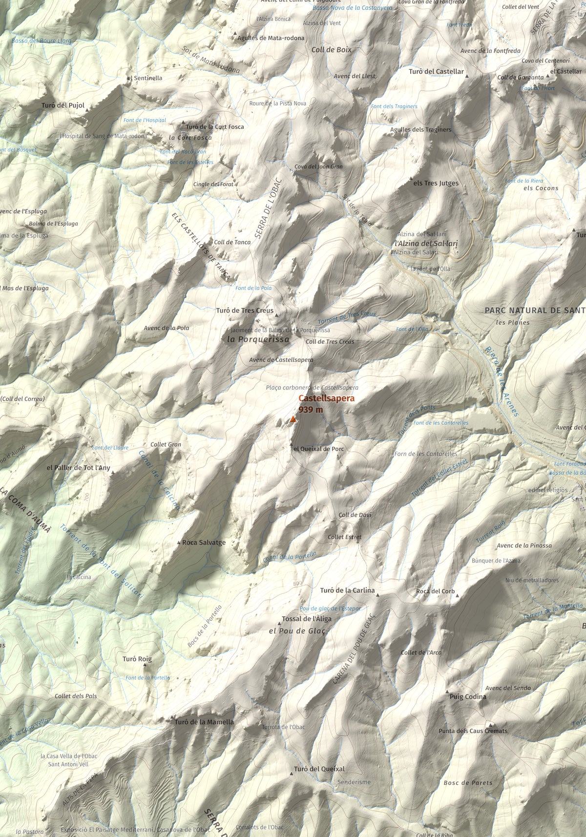 Mapa de relieve de Castellsapera, 939 m, Vallès Occidental, lámina 100 Cims de Trobart. Detalle de la zona central. 70 × 100 cm.