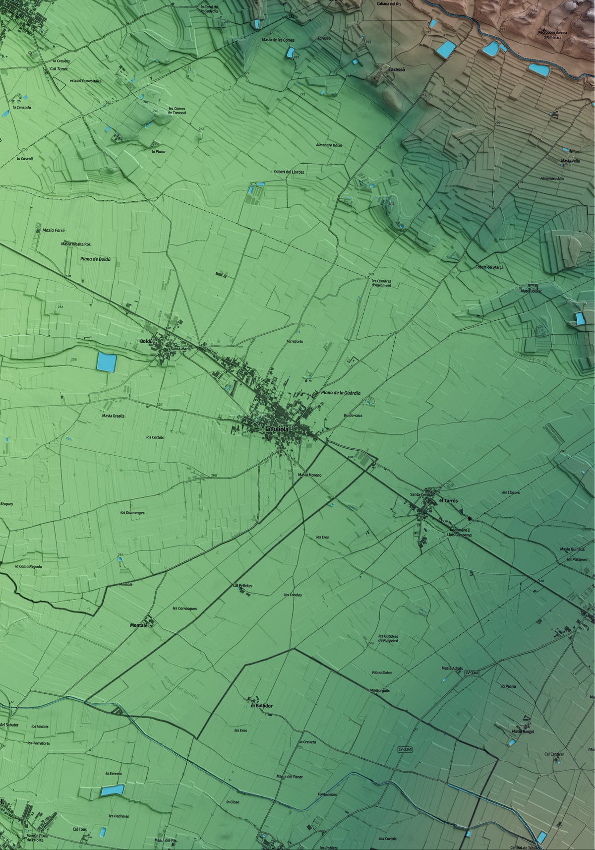 Mapa artístico del relieve de Castellserà, al Urgell, con 15 km de entorno y base topográfica ICGC. Detalle de la zona inferior derecha.