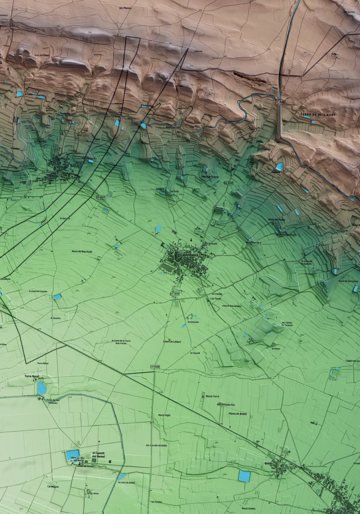 Mapa artístico del relieve de Castellserà, al Urgell, con 15 km de entorno y base topográfica ICGC. Detalle de la zona central.