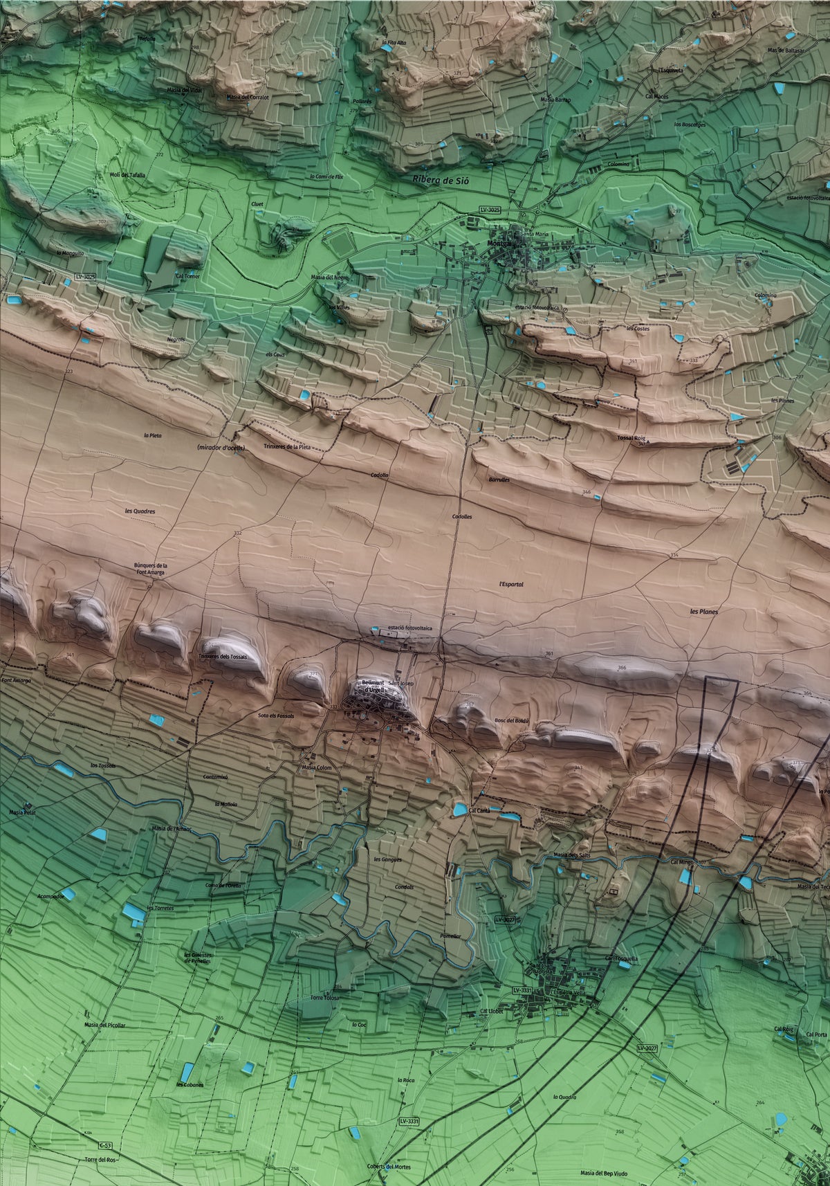 Mapa artístico del relieve de Castellserà, al Urgell, con 15 km de entorno y base topográfica ICGC. Detalle de la zona superior izquierda.