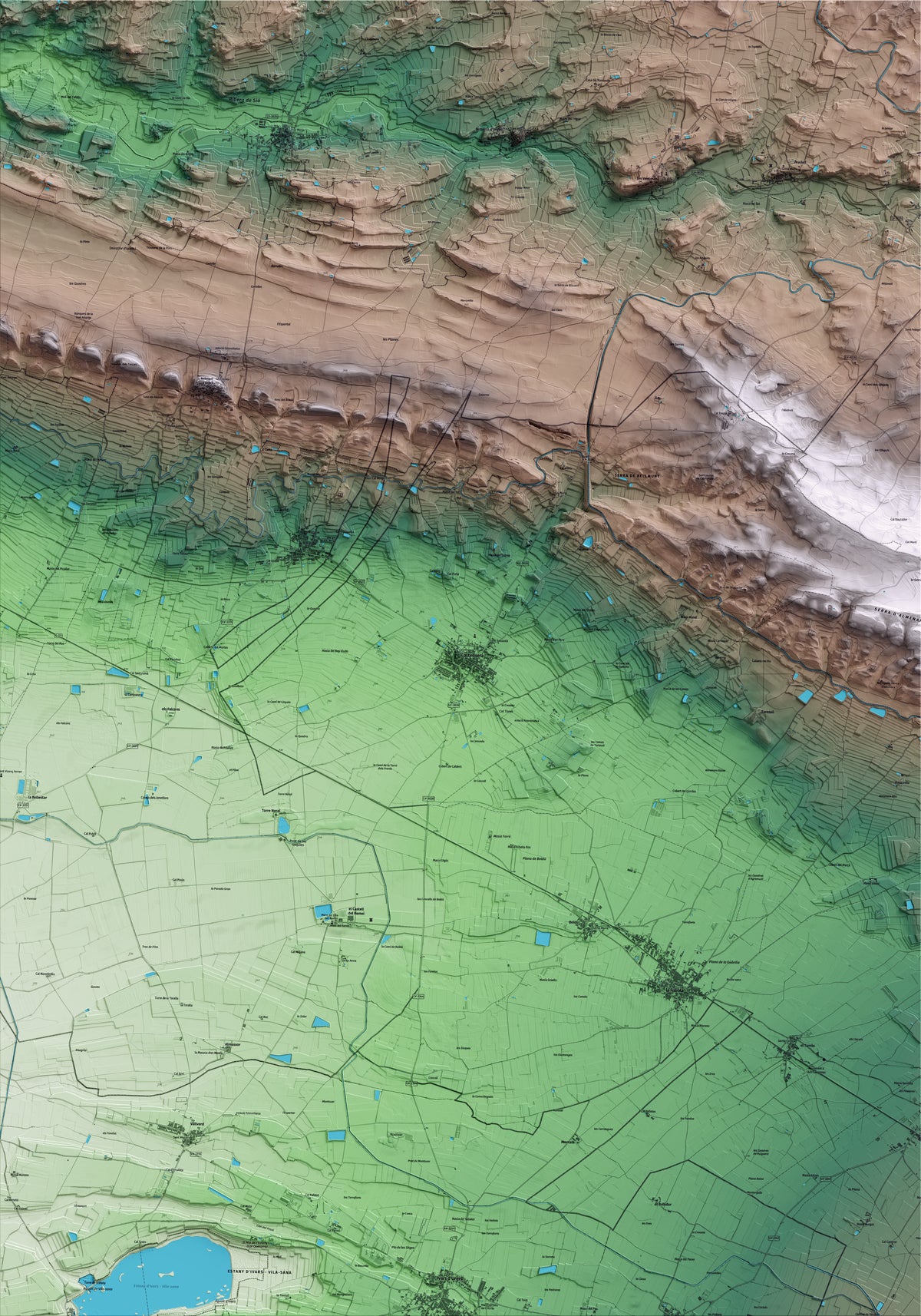 Mapa artístico del relieve de Castellserà, al Urgell, con 15 km de entorno y base topográfica ICGC