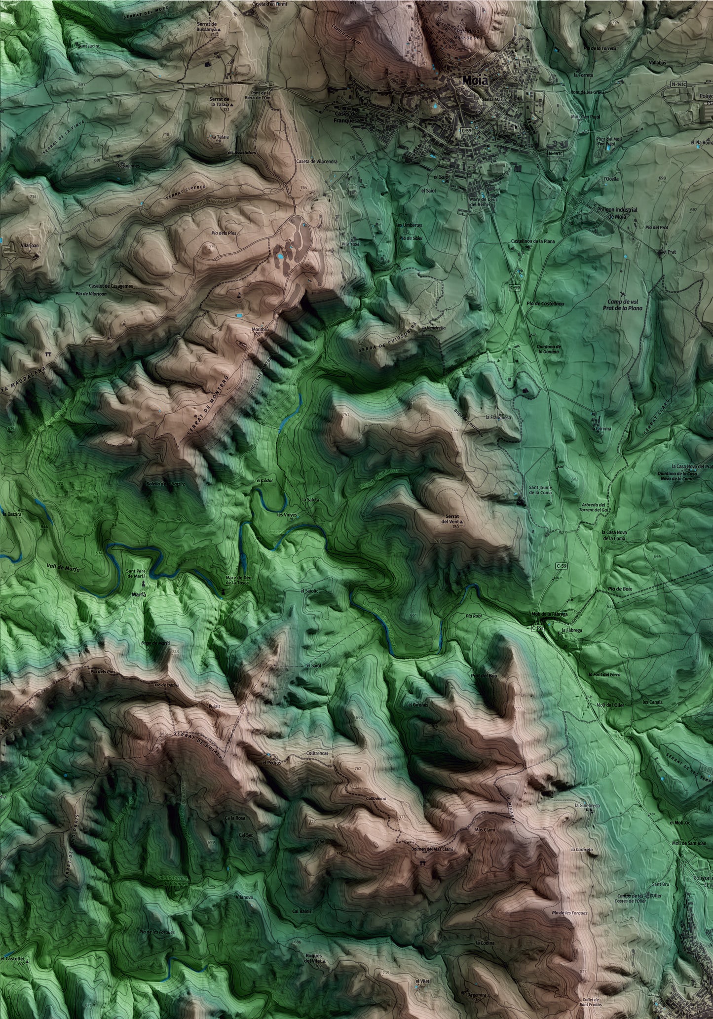 Mapa artístico del relieve de Castellterçol, al Moianès, con 15 km de entorno y base topográfica ICGC. Detalle de la zona superior izquierda.