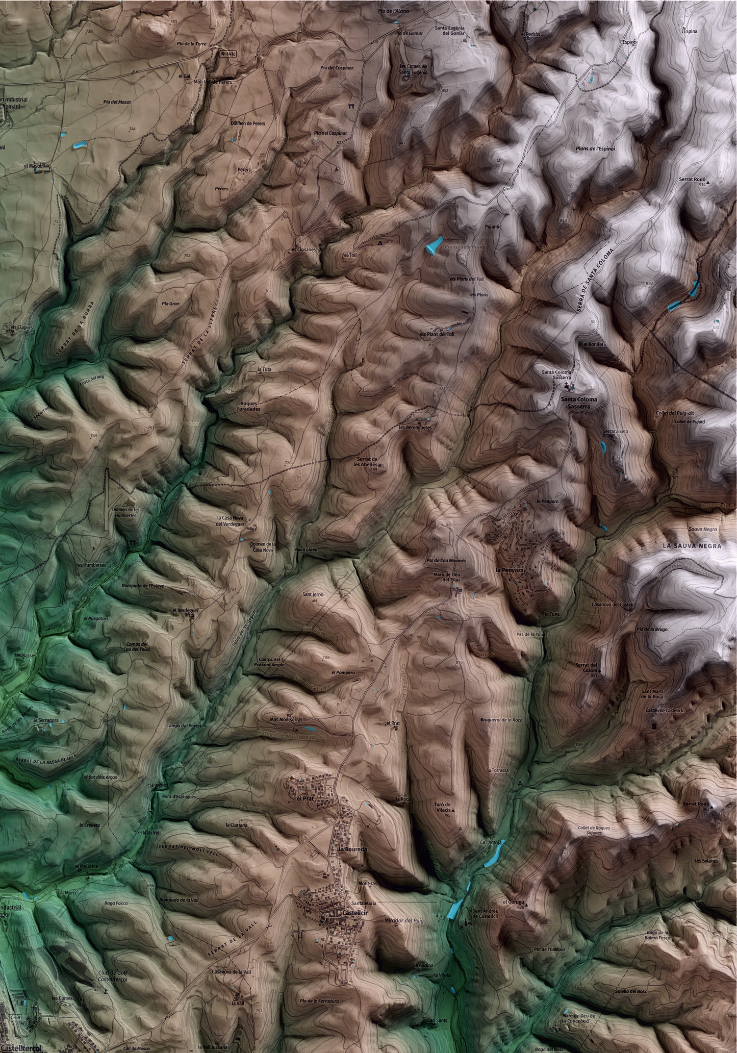 Mapa artístico del relieve de Castellterçol, al Moianès, con 15 km de entorno y base topográfica ICGC. Detalle de la zona superior derecha.