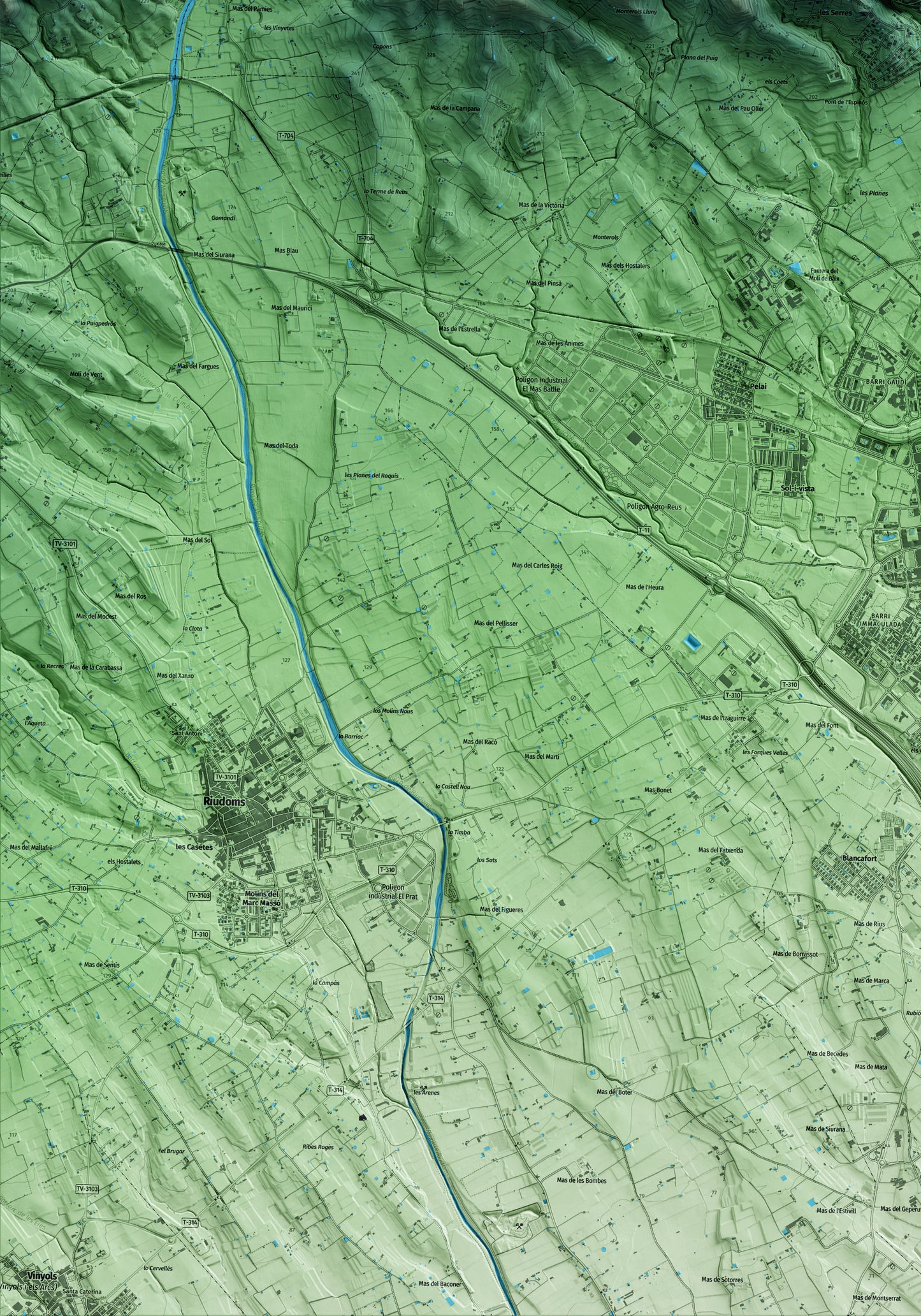 Mapa artístico del relieve de Castellvell del Camp, al Baix Camp, con 15 km de entorno y base topográfica ICGC. Detalle de la zona inferior izquierda.