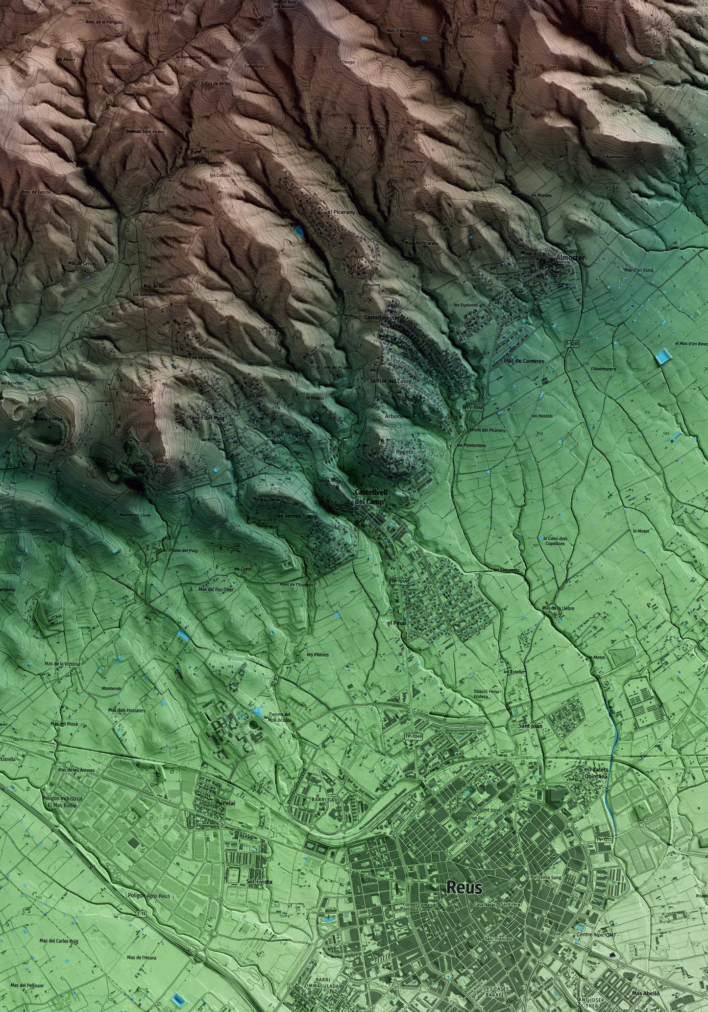 Mapa artístico del relieve de Castellvell del Camp, al Baix Camp, con 15 km de entorno y base topográfica ICGC. Detalle de la zona central.