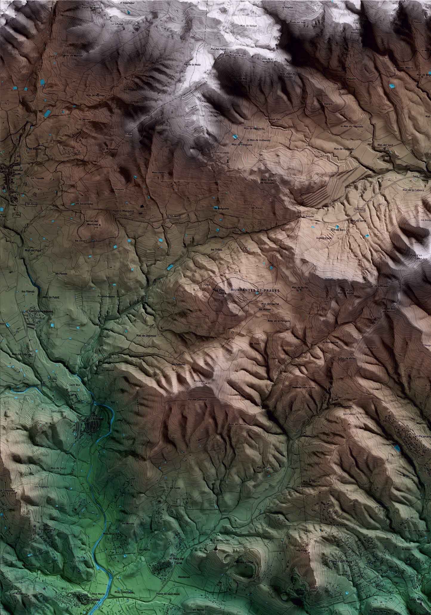 Mapa artístico del relieve de Castellvell del Camp, al Baix Camp, con 15 km de entorno y base topográfica ICGC. Detalle de la zona superior izquierda.
