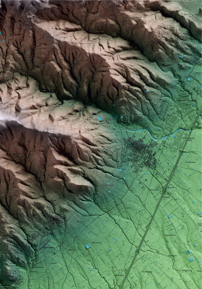Mapa artístico del relieve de Castellvell del Camp, al Baix Camp, con 15 km de entorno y base topográfica ICGC. Detalle de la zona superior derecha.