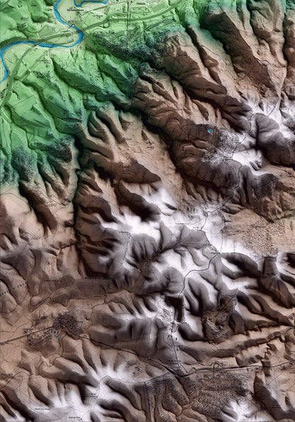 Mapa artístico del relieve de Castellví de Rosanes, al Baix Llobregat, con 15 km de entorno y base topográfica ICGC. Detalle de la zona inferior izquierda.