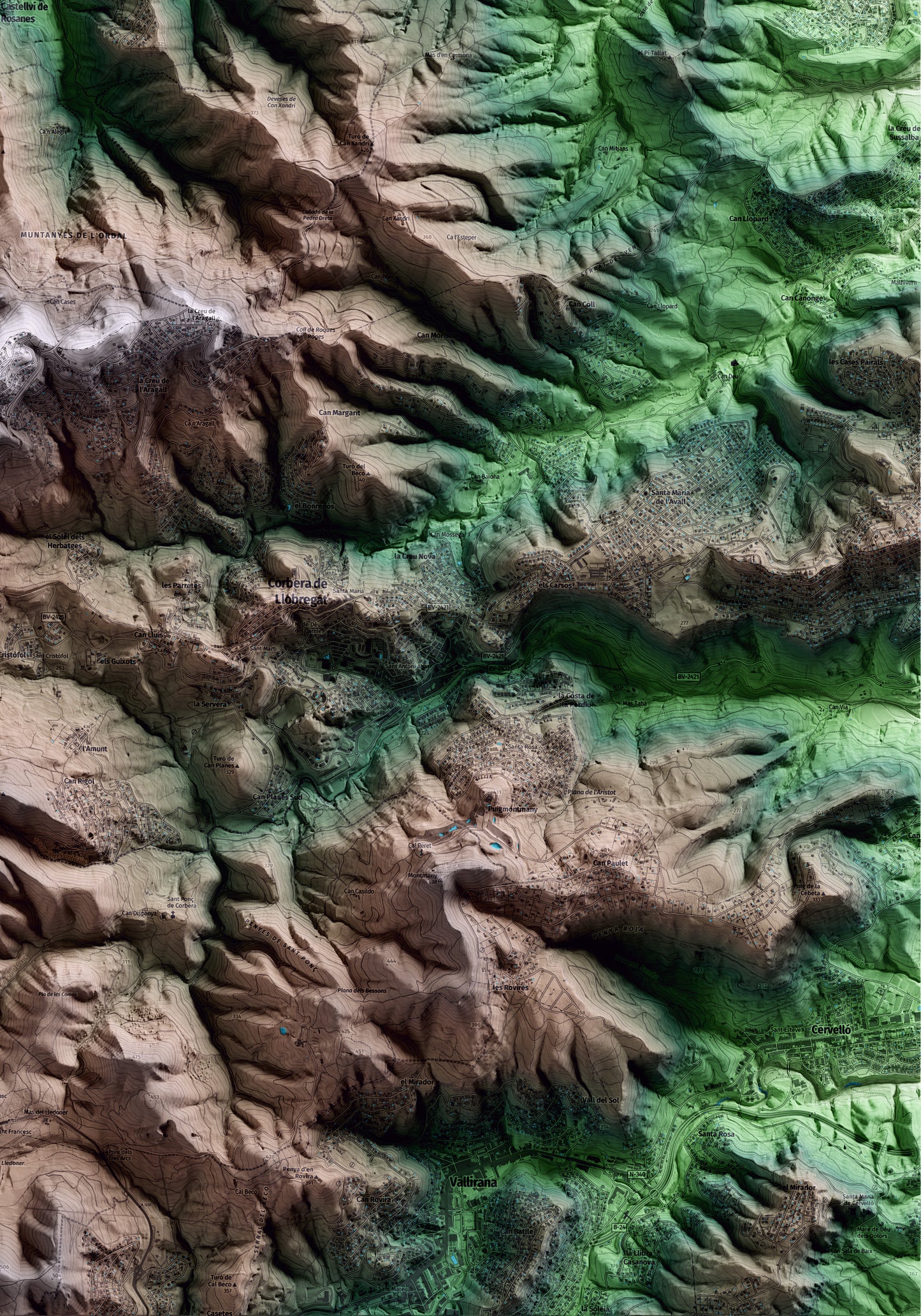 Mapa artístico del relieve de Castellví de Rosanes, al Baix Llobregat, con 15 km de entorno y base topográfica ICGC. Detalle de la zona inferior derecha.