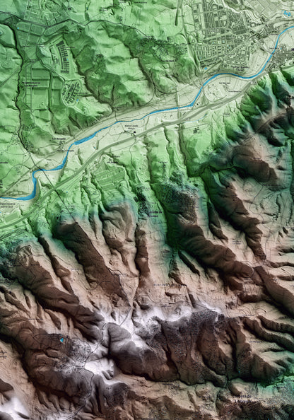 Mapa artístico del relieve de Castellví de Rosanes, al Baix Llobregat, con 15 km de entorno y base topográfica ICGC. Detalle de la zona central.