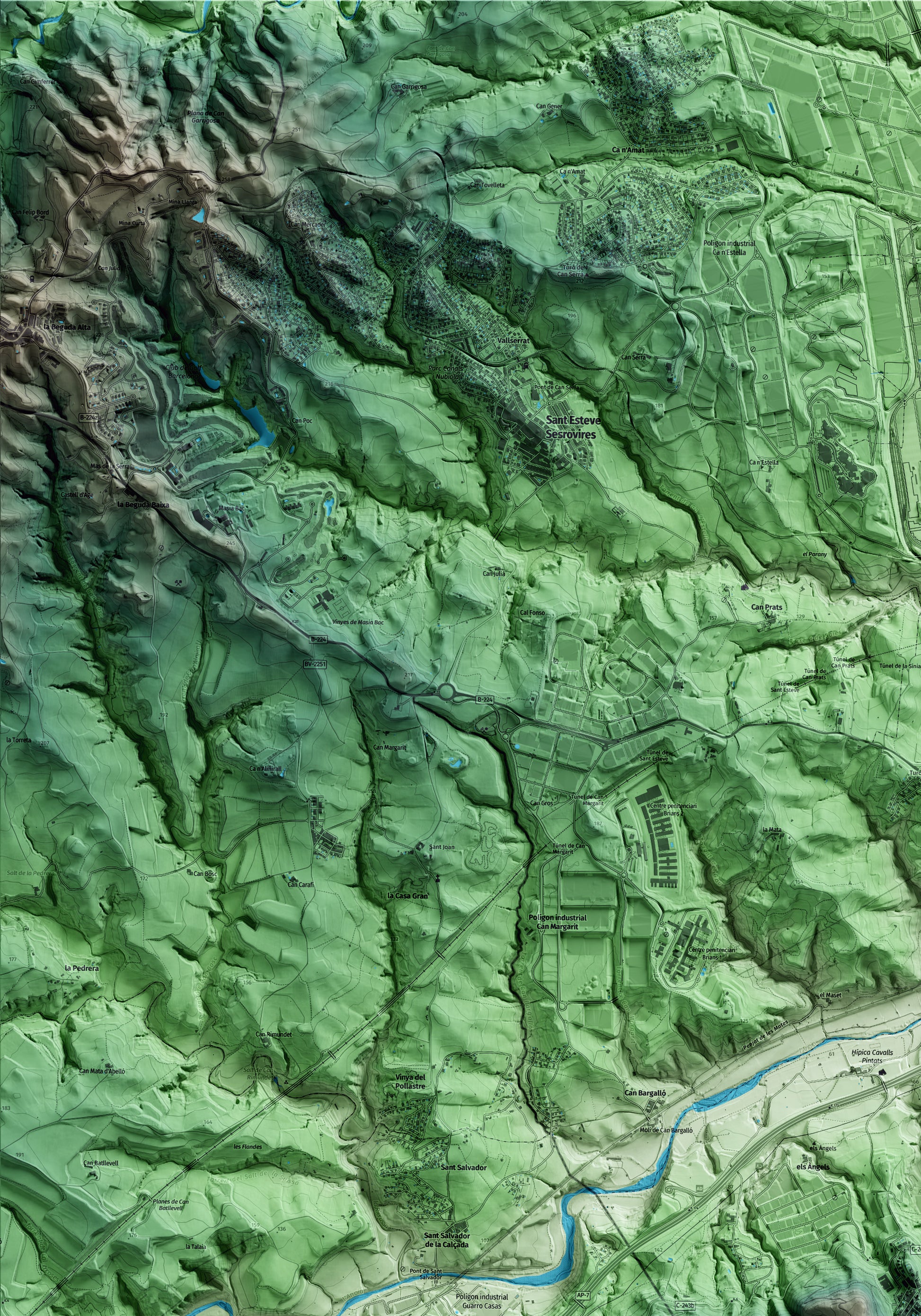 Mapa artístico del relieve de Castellví de Rosanes, al Baix Llobregat, con 15 km de entorno y base topográfica ICGC. Detalle de la zona superior izquierda.