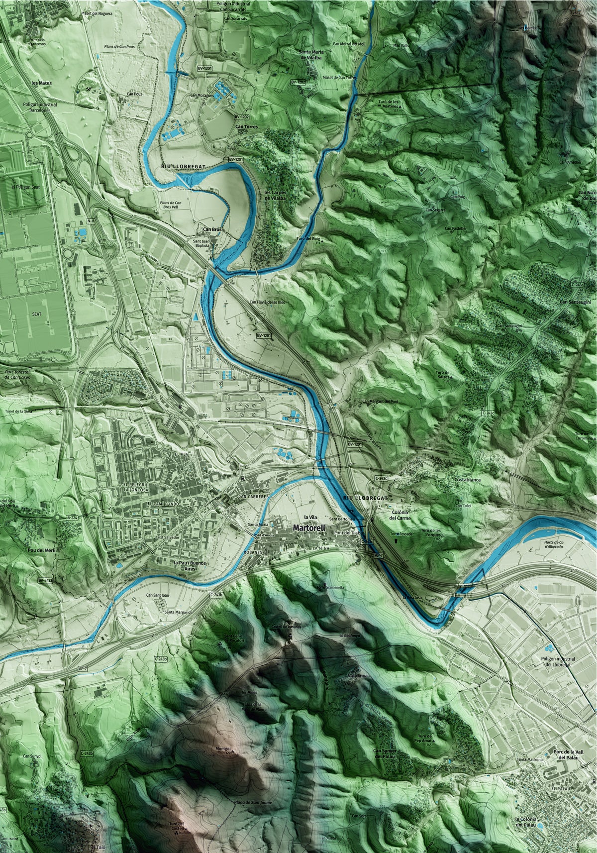 Mapa artístico del relieve de Castellví de Rosanes, al Baix Llobregat, con 15 km de entorno y base topográfica ICGC. Detalle de la zona superior derecha.