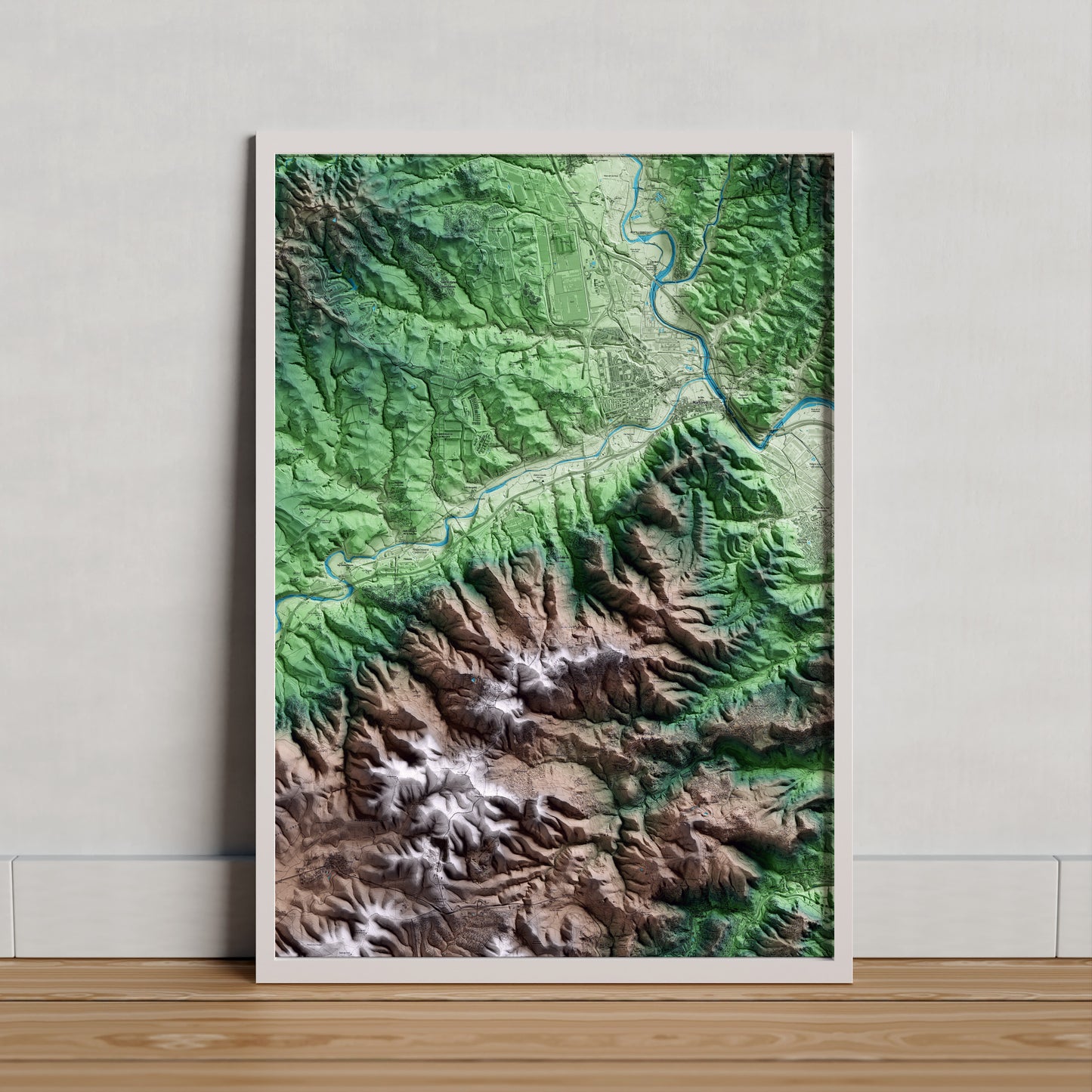 Mapa artístico del relieve de Castellví de Rosanes, al Baix Llobregat, con 15 km de entorno y base topográfica ICGC. Presentación enmarcada.