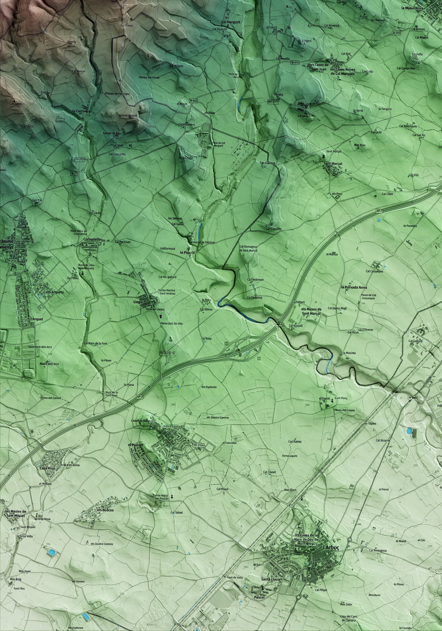 Mapa artístico del relieve de Castellví de la Marca, al Alt Penedès, con 15 km de entorno y base topográfica ICGC. Detalle de la zona inferior izquierda.