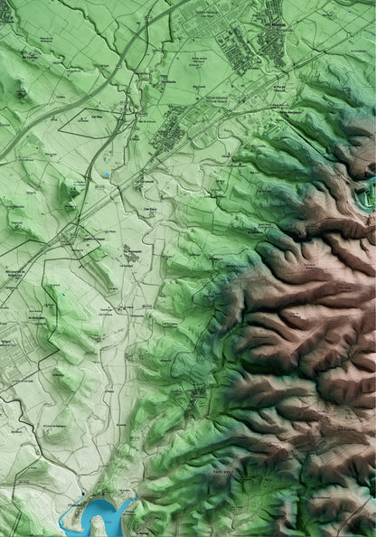 Mapa artístico del relieve de Castellví de la Marca, al Alt Penedès, con 15 km de entorno y base topográfica ICGC. Detalle de la zona inferior derecha.