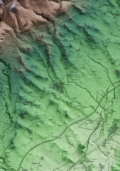 Mapa artístico del relieve de Castellví de la Marca, al Alt Penedès, con 15 km de entorno y base topográfica ICGC. Detalle de la zona central.