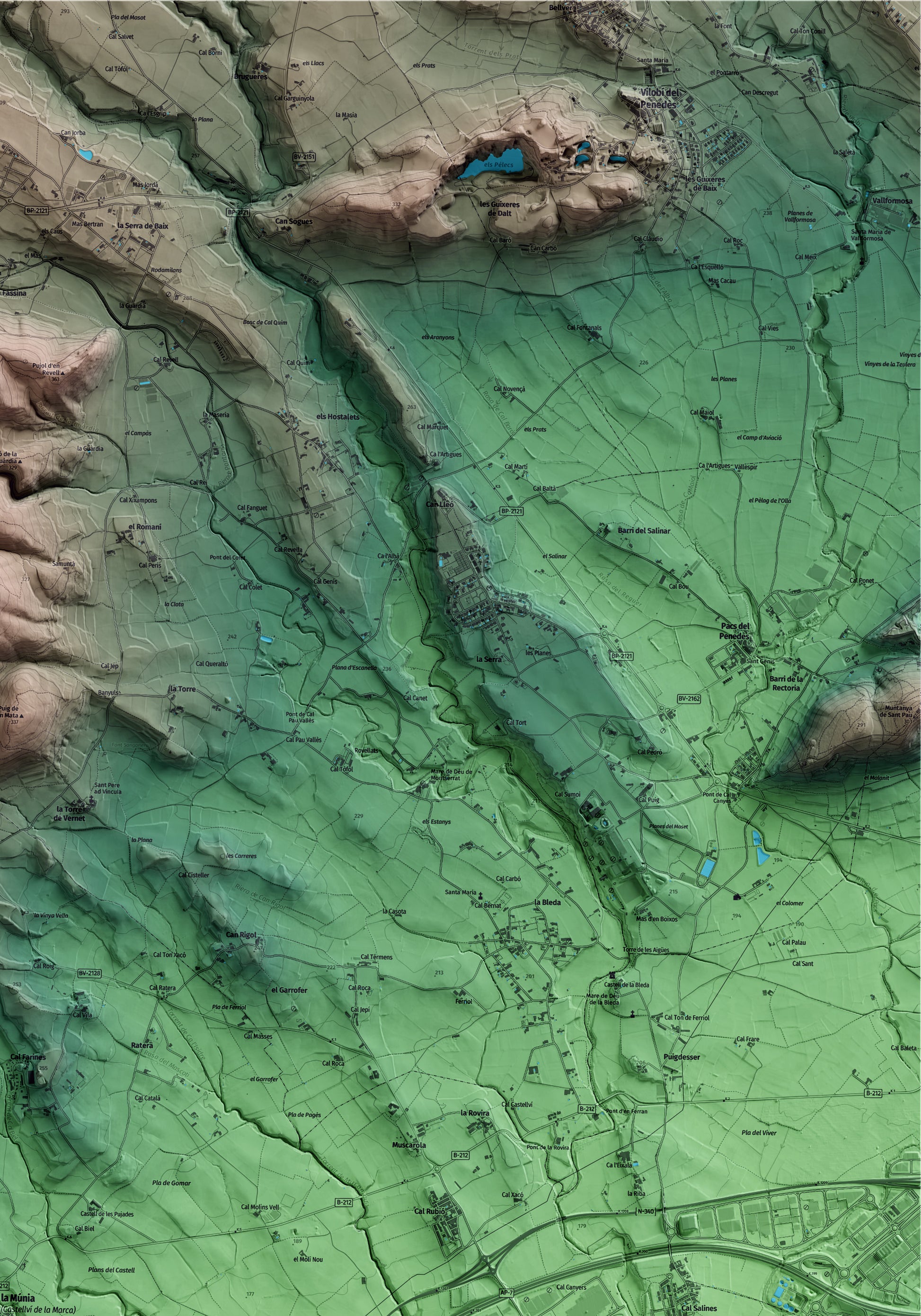 Mapa artístico del relieve de Castellví de la Marca, al Alt Penedès, con 15 km de entorno y base topográfica ICGC. Detalle de la zona superior derecha.