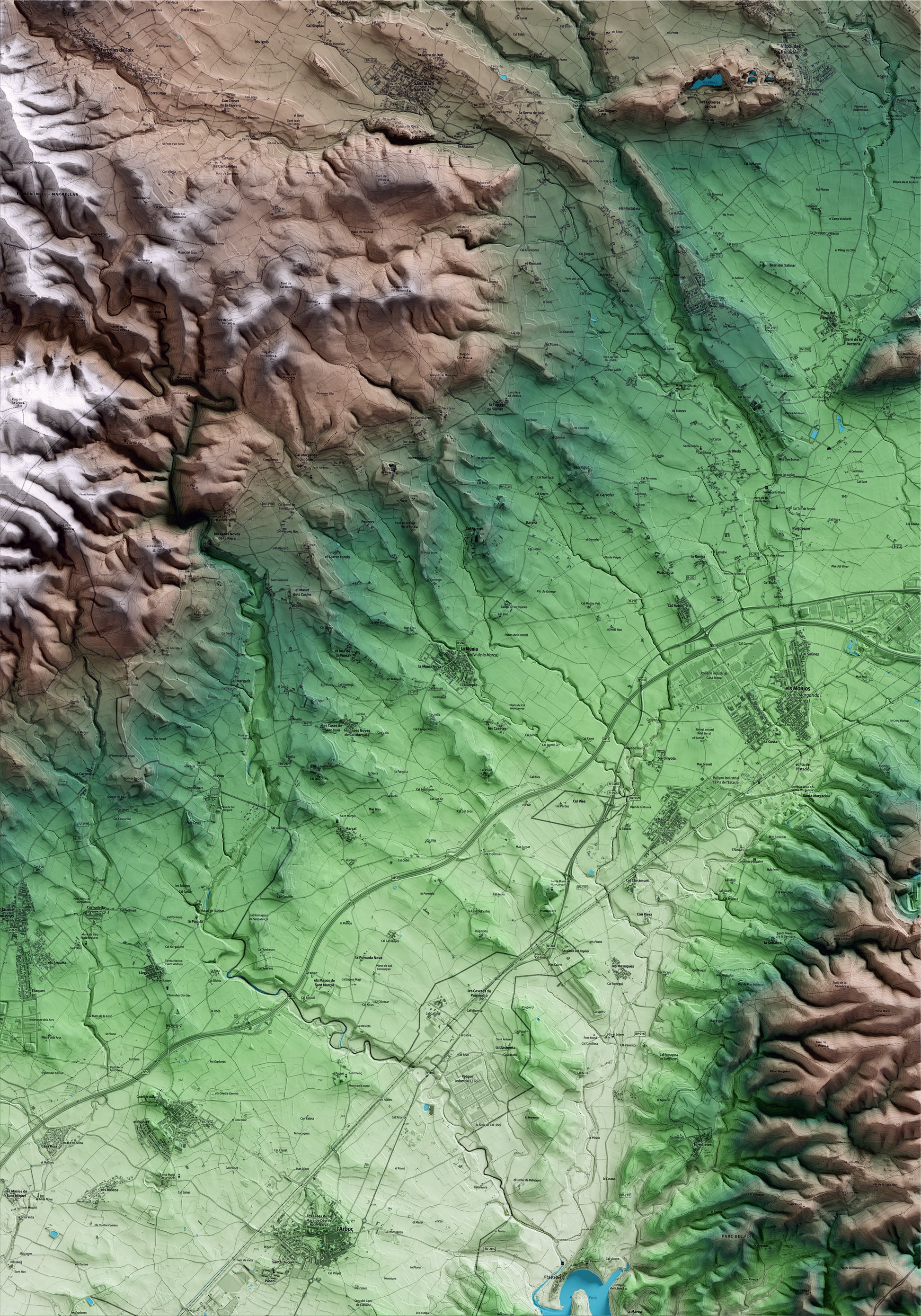 Mapa artístico del relieve de Castellví de la Marca, al Alt Penedès, con 15 km de entorno y base topográfica ICGC