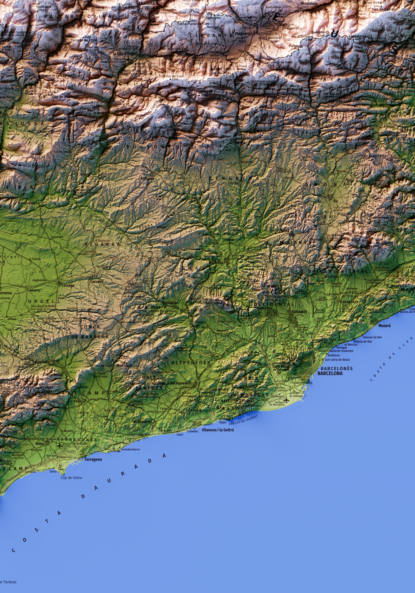 CATALUNYA. Mapa topográfico con el mar azul.
