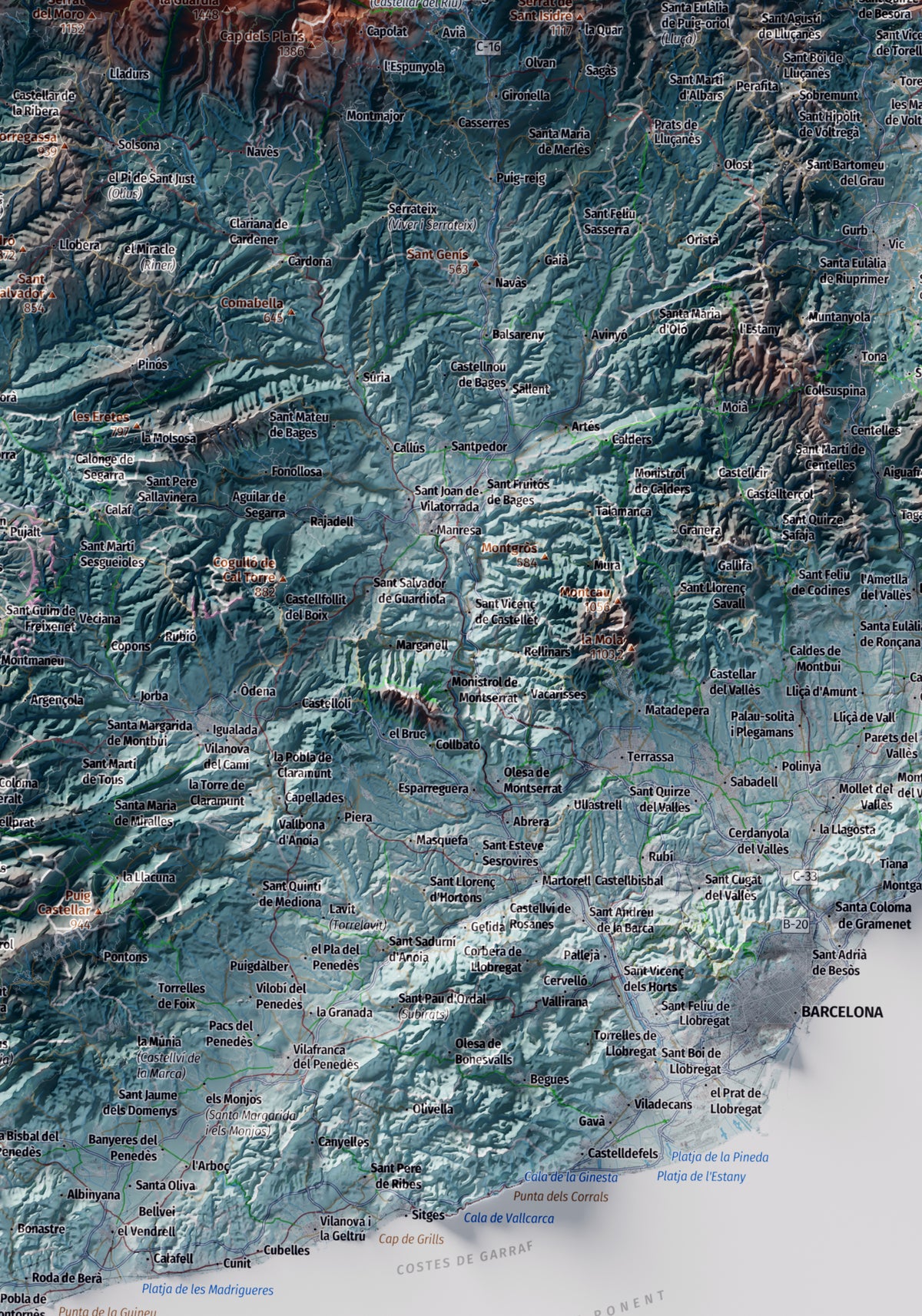 Mapa topogràfic de Catalunya en estil Blau i taronja. Catalunya Central. 70 × 100 cm.