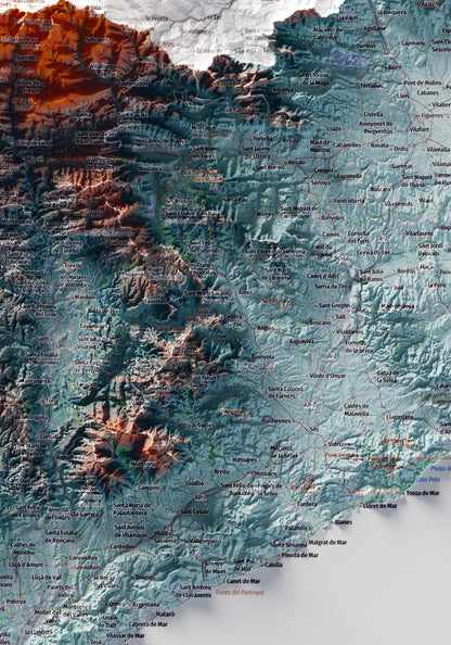 Mapa topogràfic de Catalunya en estil Blau i taronja. L’Empordà i el cap de Creus. 70 × 100 cm.