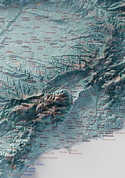 Mapa topogràfic de Catalunya en estil Blau i taronja. Ponent. 70 × 100 cm.