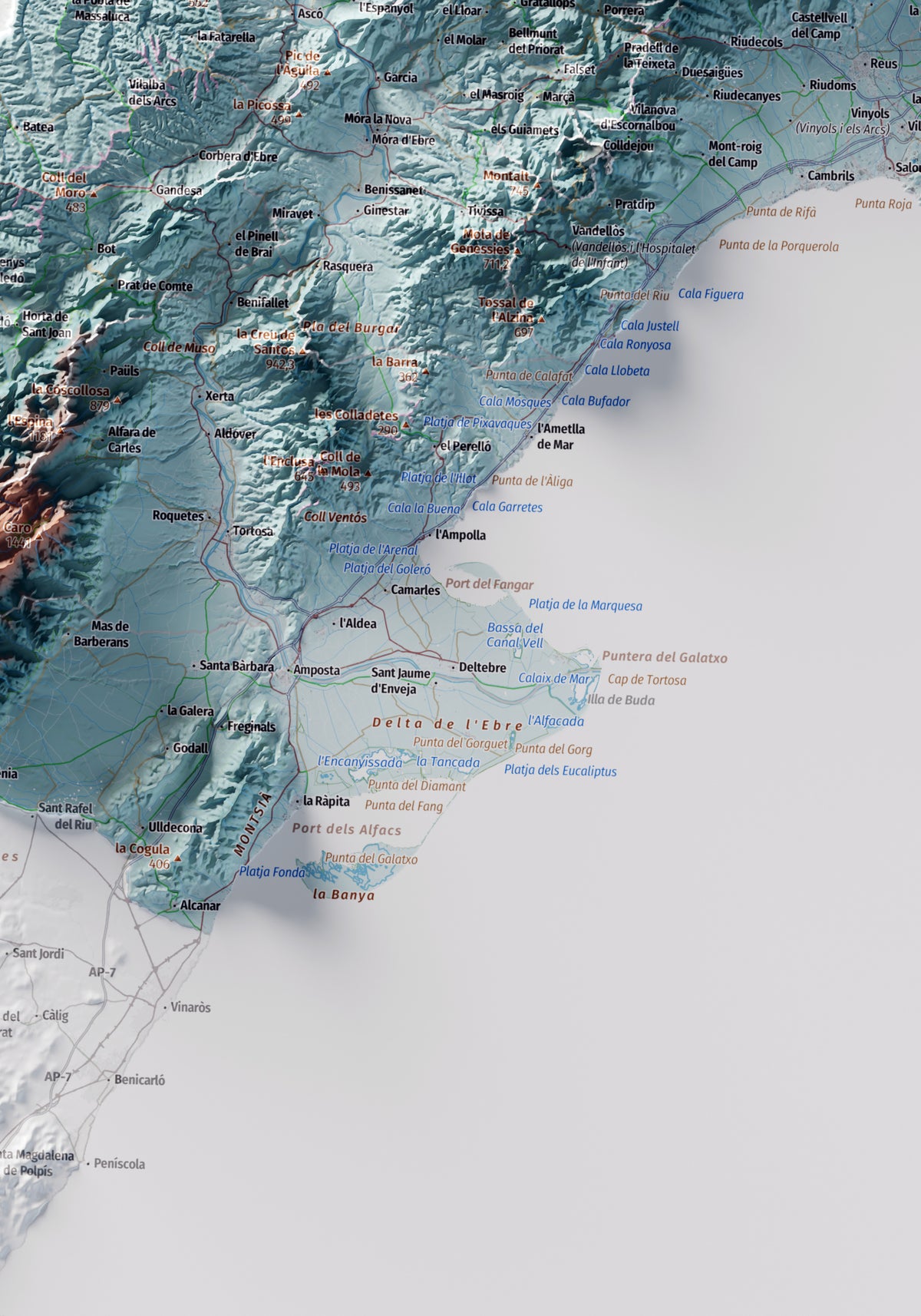 Mapa topogràfic de Catalunya en estil Blau i taronja. Les Terres de l’Ebre. 70 × 100 cm.