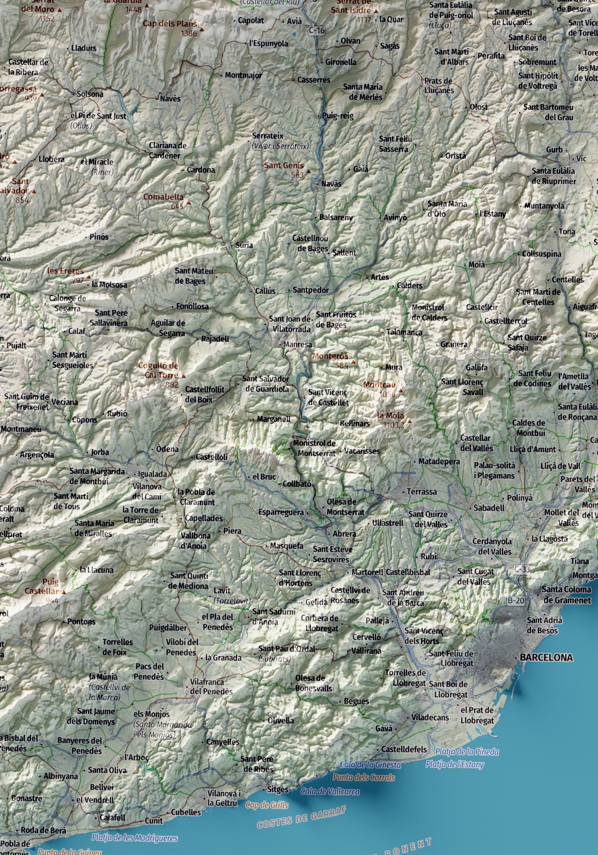 Mapa topogràfic de Catalunya en estil Cartogràfic. Catalunya Central. 70 × 100 cm.