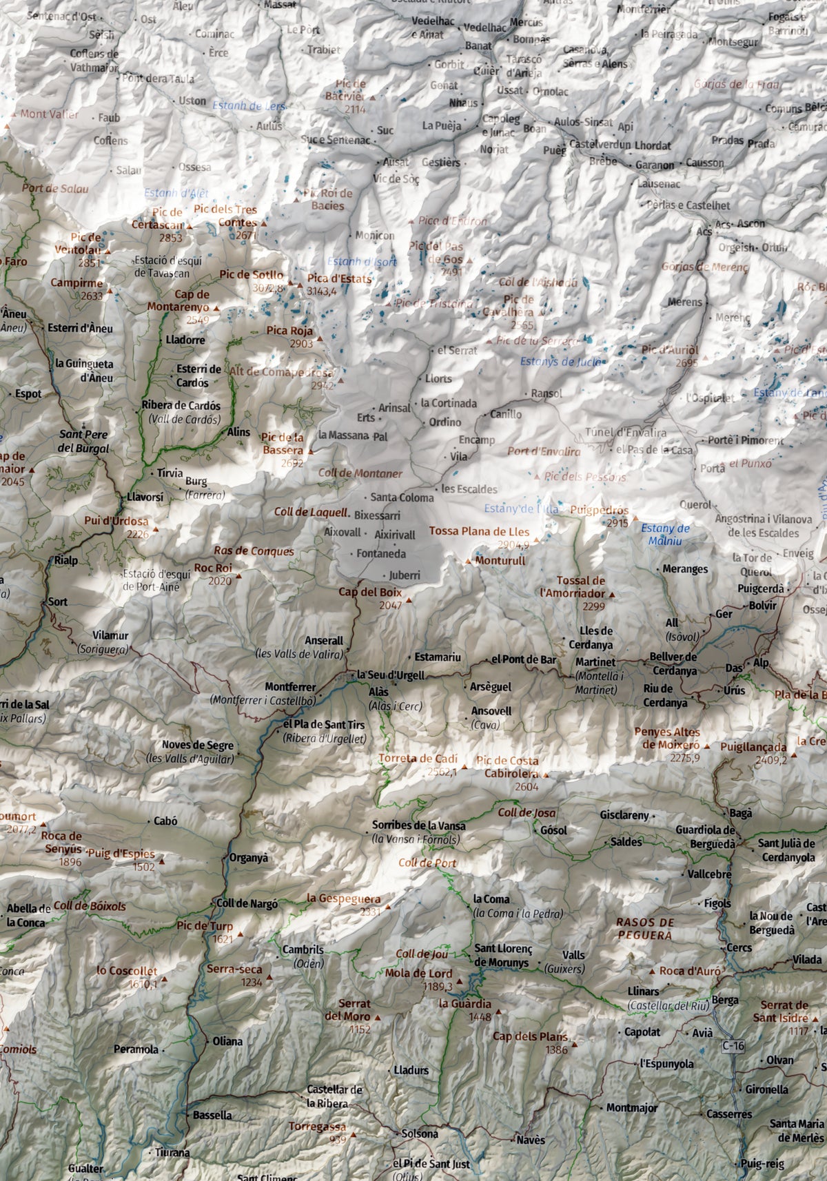 Mapa topogràfic de Catalunya en estil Cartogràfic. El Pirineu i els cims. 70 × 100 cm.