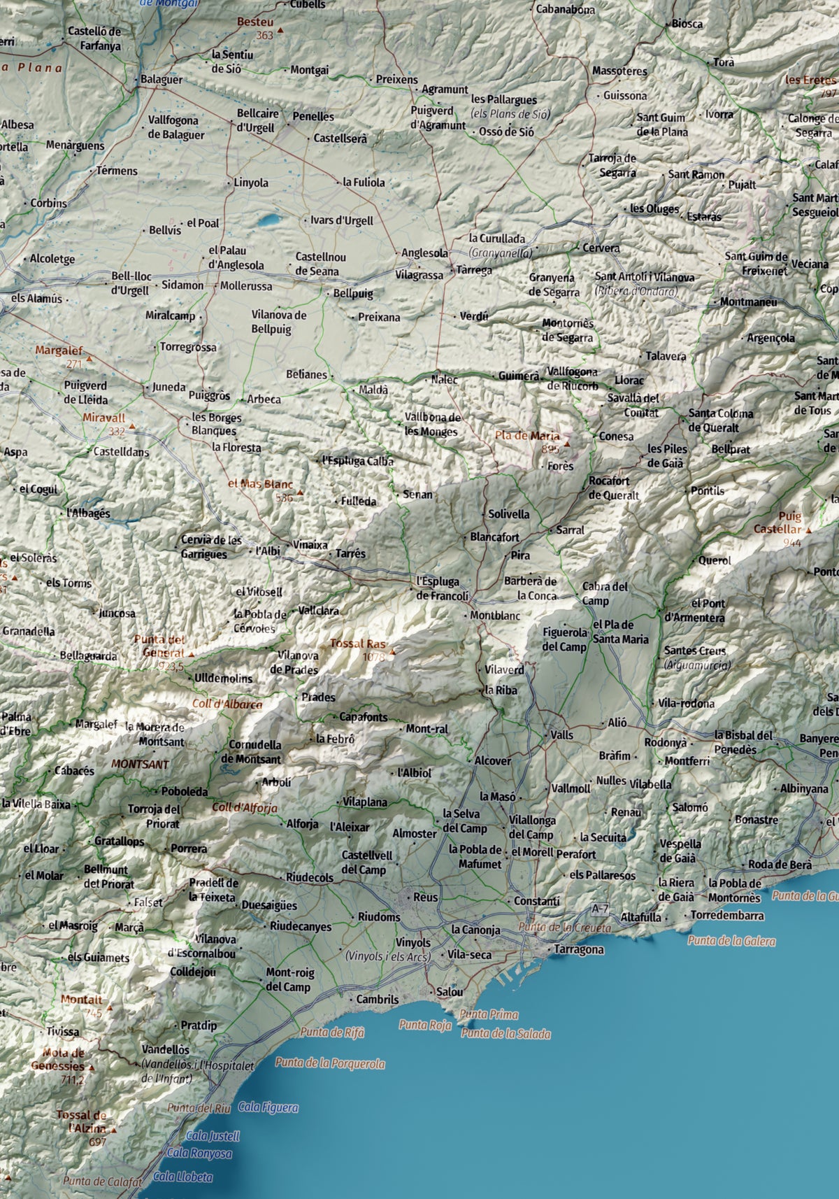 Mapa topogràfic de Catalunya en estil Cartogràfic. Ponent. 70 × 100 cm.
