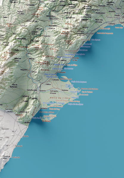 Mapa topogràfic de Catalunya en estil Cartogràfic. Les Terres de l’Ebre. 70 × 100 cm.