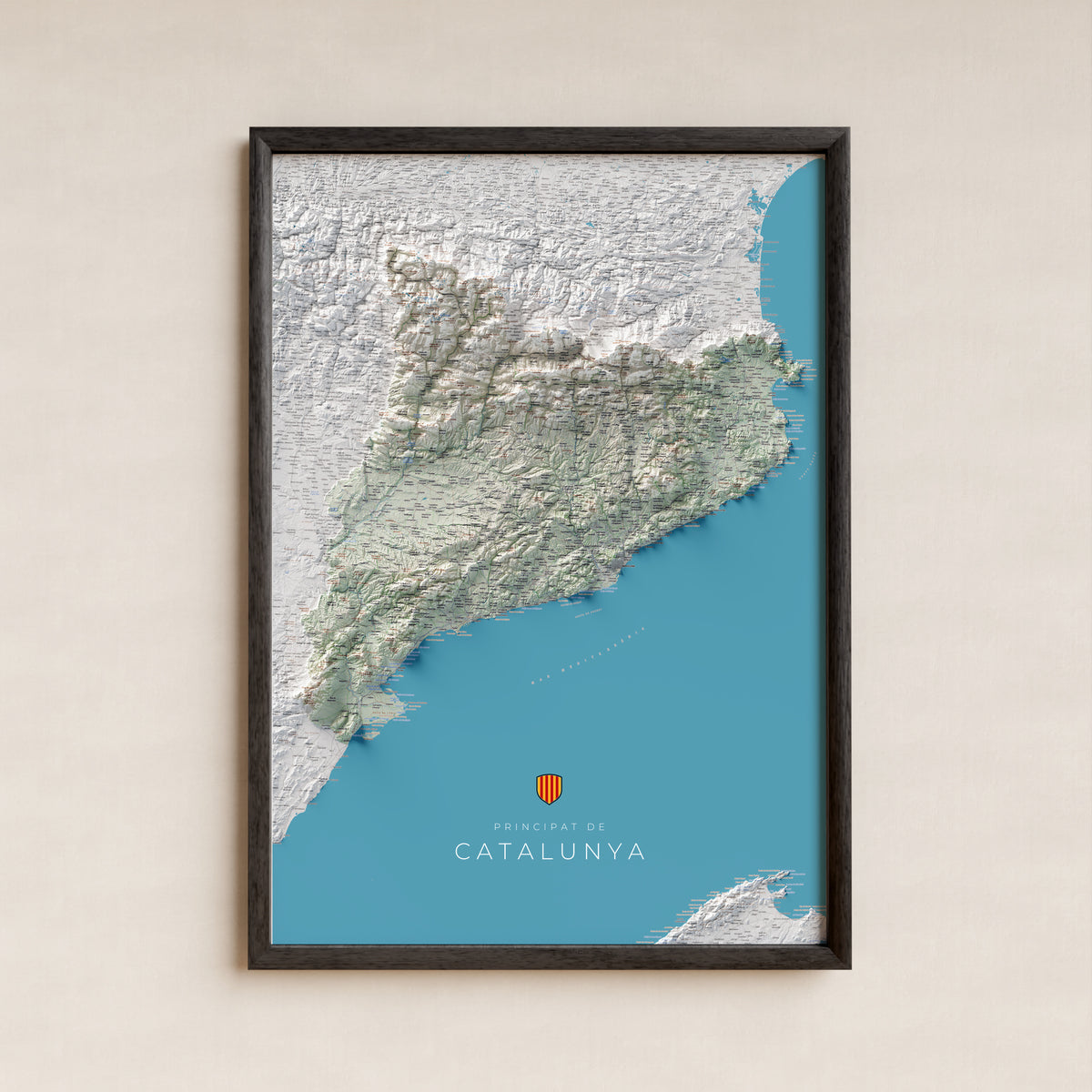 Mapa topogràfic de Catalunya en estil Cartogràfic. Làmina en un marc negre penjat a la paret. 70 × 100 cm.