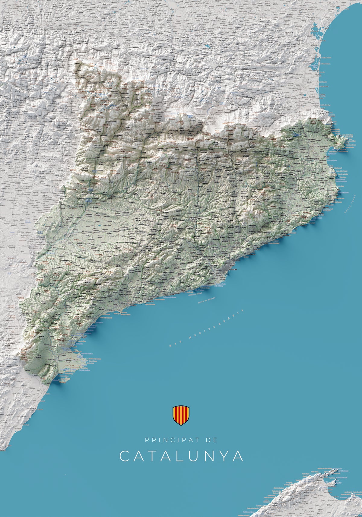 Mapa topogràfic de Catalunya en estil Cartogràfic. Vista completa. 70 × 100 cm.