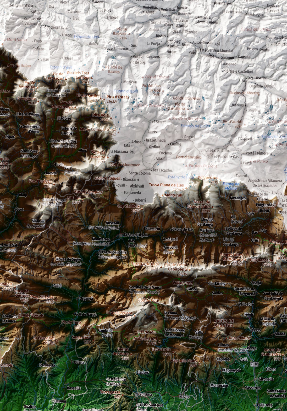 Mapa topogràfic de Catalunya en estil Clàssic. El Pirineu i els cims. 70 × 100 cm.