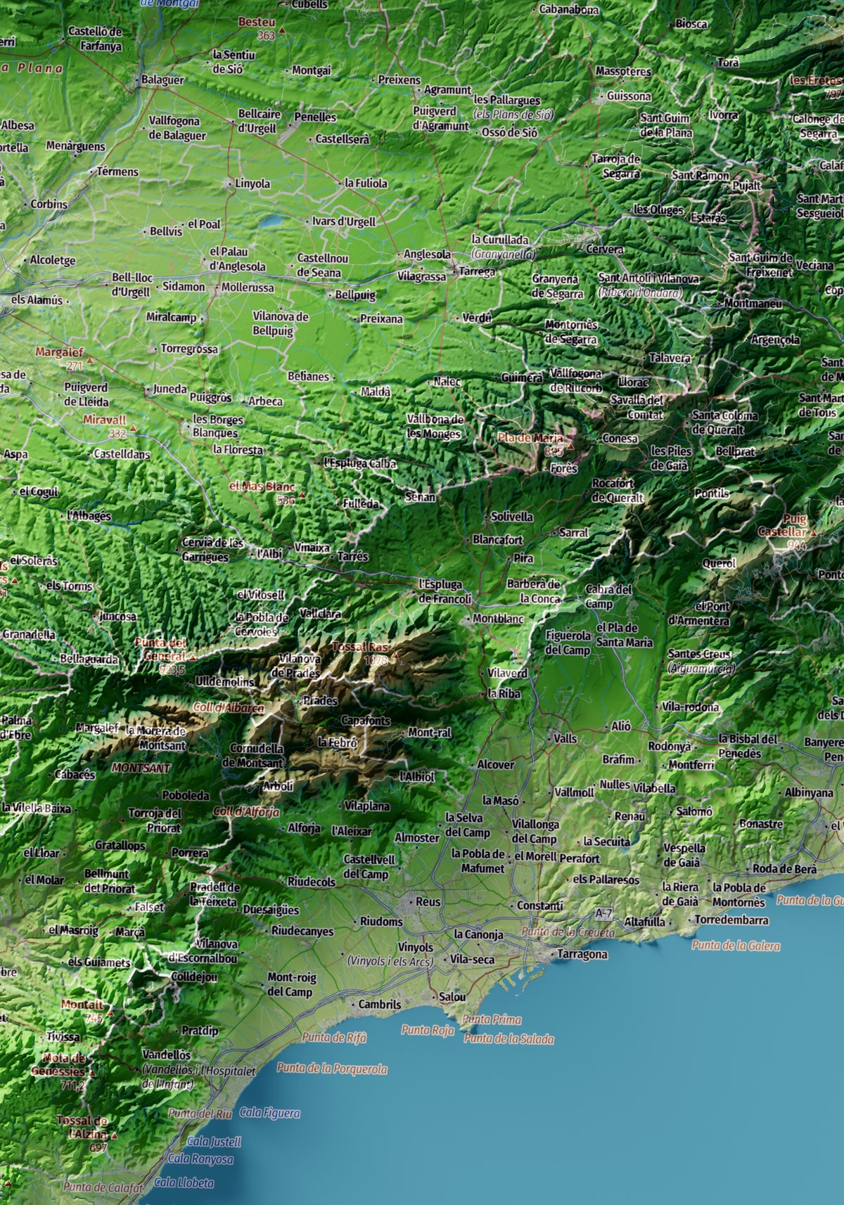 Mapa topogràfic de Catalunya en estil Clàssic. Ponent. 70 × 100 cm.