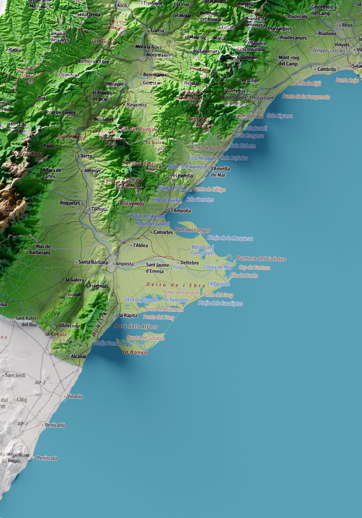 Mapa topogràfic de Catalunya en estil Clàssic. Les Terres de l’Ebre. 70 × 100 cm.