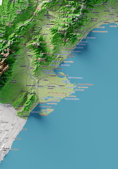Mapa topogràfic de Catalunya en estil Clàssic. Les Terres de l’Ebre. 70 × 100 cm.