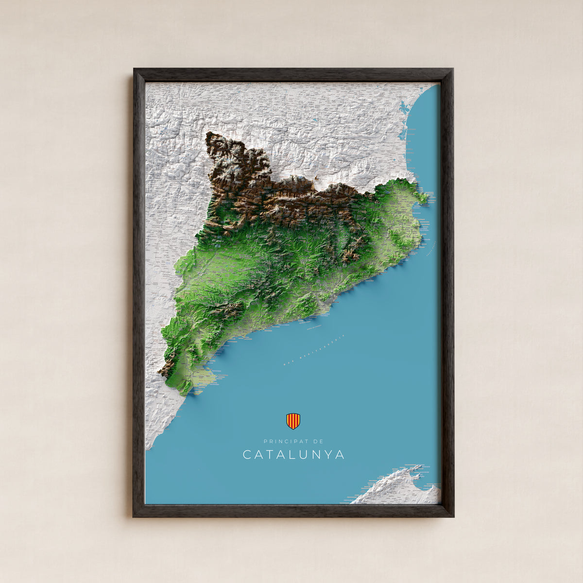 Mapa topogràfic de Catalunya en estil Clàssic. Làmina en un marc negre penjat a la paret. 70 × 100 cm.