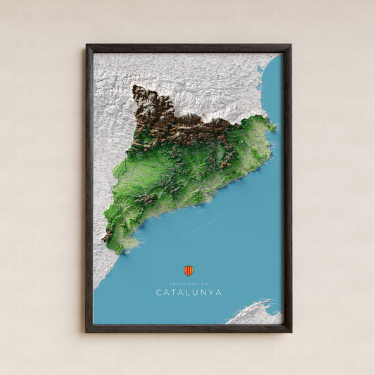 Mapa topográfico de Catalunya en estilo Clásico. Lámina en un marco negro colgado en la pared. 70 × 100 cm.