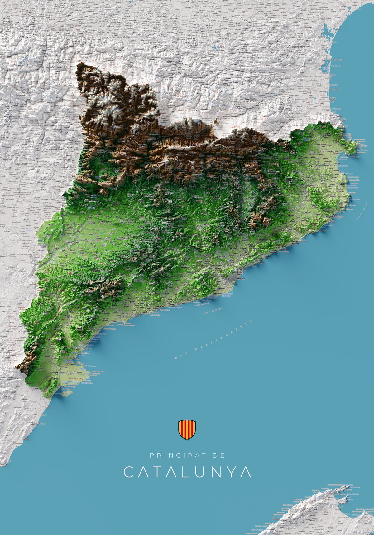 Mapa topogràfic de Catalunya en estil Clàssic. Vista completa. 70 × 100 cm.