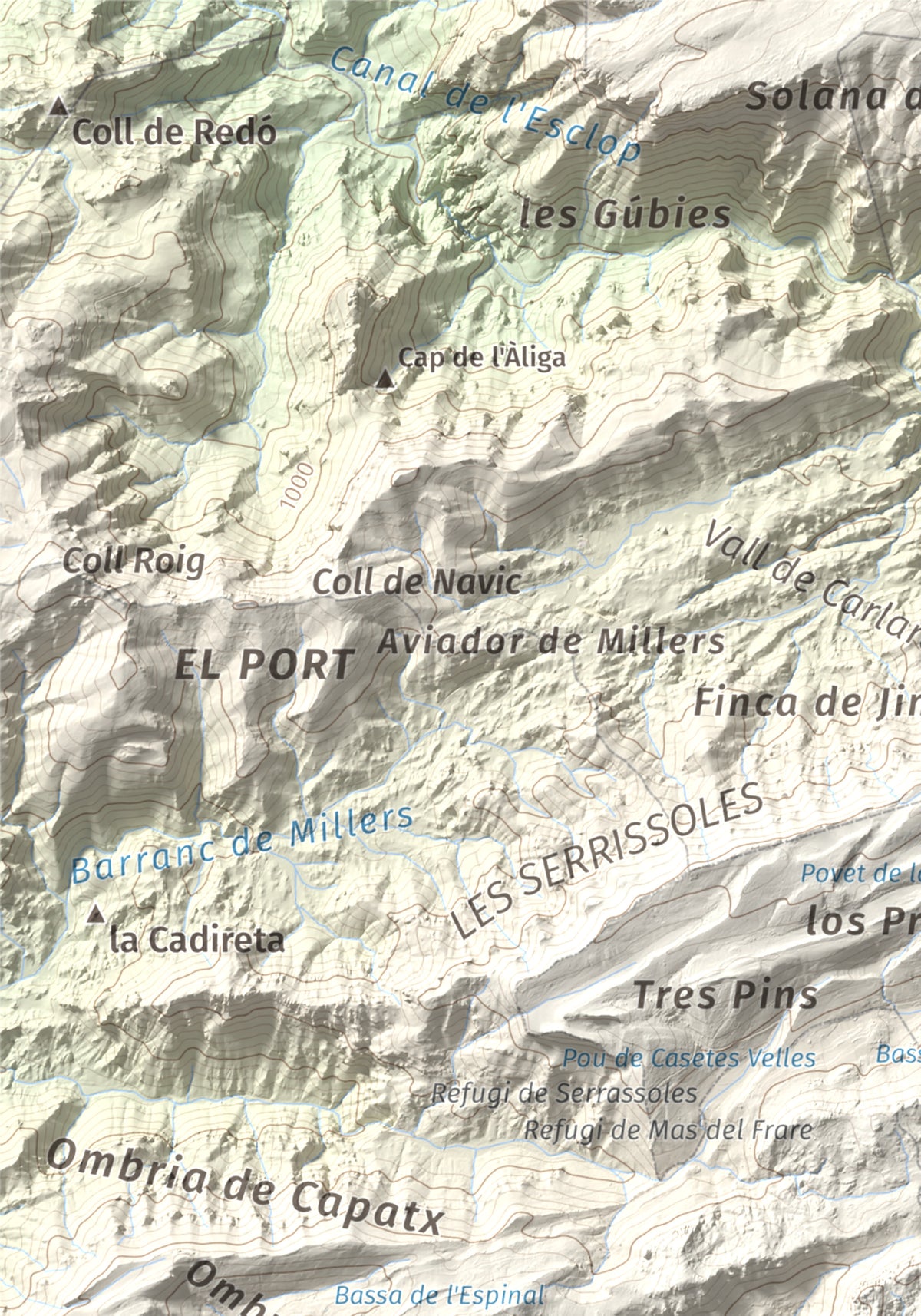 Mapa de relieve de Catinell, 1350 m, Baix Ebre · Montsià, lámina 100 Cims de Trobart. Detalle de la zona superior izquierda. 21 × 30 cm.